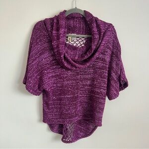 BKE Y2K Shimmer Knit Cowl Neck Top Fishnet Detail Purple Size Small